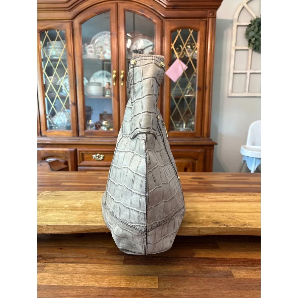 Kooba Hobo Bag Women Large Grey Excellent Croc Embossed Leather Gold Hardware